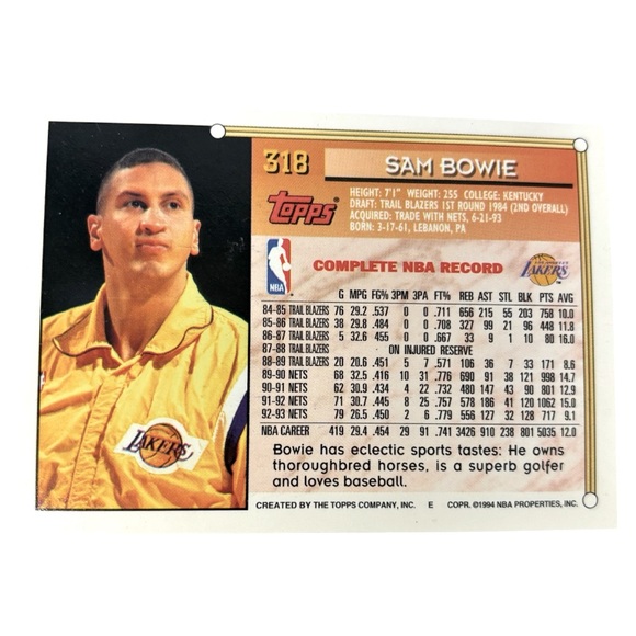 Sam Bowie 1993-94 Topps Basketball Card #318 Los Angeles Lakers *90s Vintage* - Picture 2 of 2
